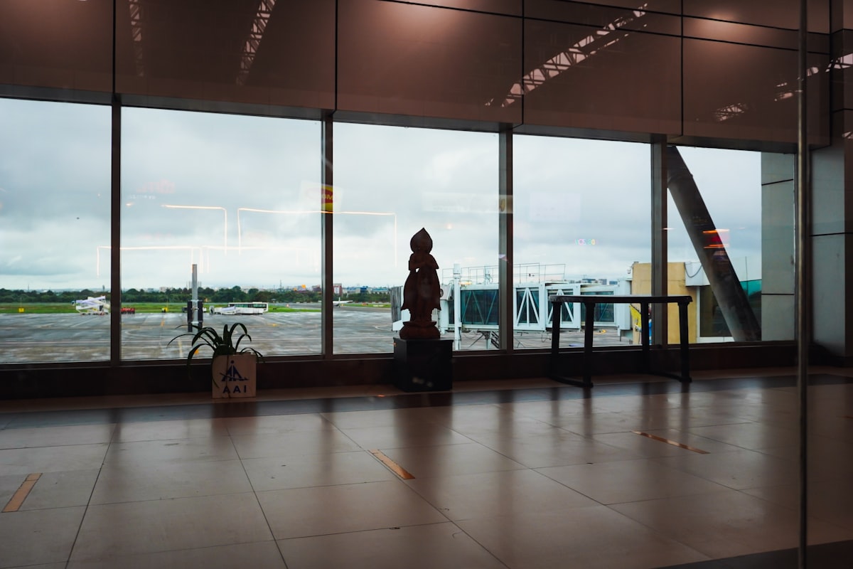 Airport lounge with view of tarmac and planes